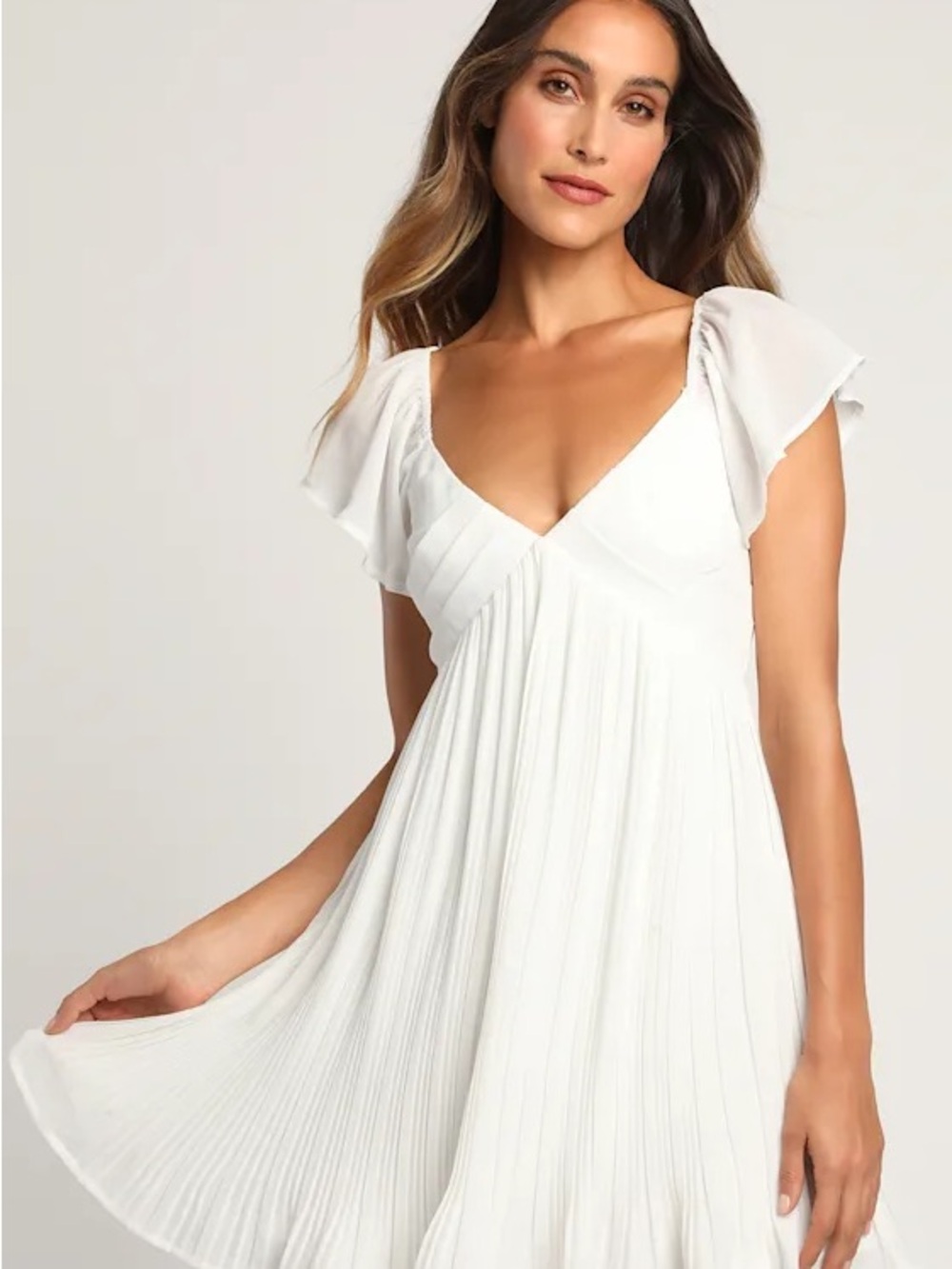 Lulu's White V-Neck Pleated Mini Dress with Flutter Sleeves